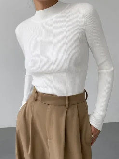 Online Mock Neck Rib Long Sleeve Knit Top Sweater Tops|Sweaters & Cardigans