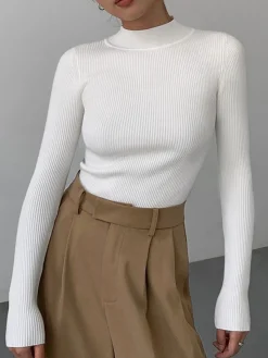 Online Mock Neck Rib Long Sleeve Knit Top Sweater Tops|Sweaters & Cardigans