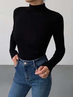 Online Mock Neck Rib Long Sleeve Knit Top Sweater Tops|Sweaters & Cardigans