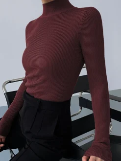 Online Mock Neck Rib Long Sleeve Knit Top Sweater Tops|Sweaters & Cardigans