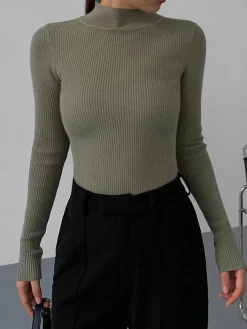 Online Mock Neck Rib Long Sleeve Knit Top Sweater Tops|Sweaters & Cardigans