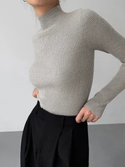 Online Mock Neck Rib Long Sleeve Knit Top Sweater Tops|Sweaters & Cardigans