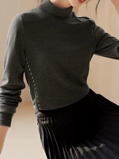 Discount Mock Neck Ribbed Embroidered Trim T-Shirt T-shirts|Tops