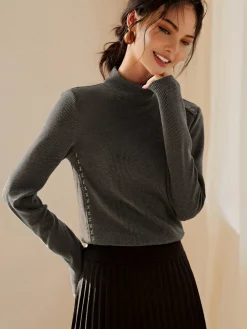 Discount Mock Neck Ribbed Embroidered Trim T-Shirt T-shirts|Tops