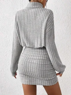 Best Mock Neck Ribbed Short Dress Black Dresses|Casual Dresses