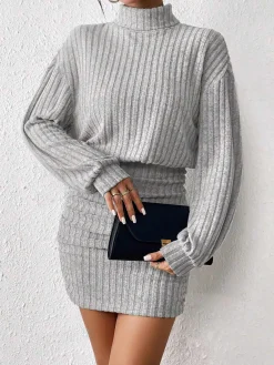 Best Mock Neck Ribbed Short Dress Black Dresses|Casual Dresses