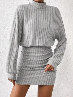 Outlet Mock Neck Ribbed Short Dress Casual Dresses|Work Dresses