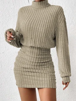 Outlet Mock Neck Ribbed Short Dress Casual Dresses|Work Dresses