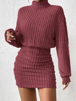 Outlet Mock Neck Ribbed Short Dress Casual Dresses|Work Dresses