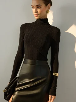 Best Mock Neck Semi-Sheer Slim Blouse Blouses & Shirts|Tops