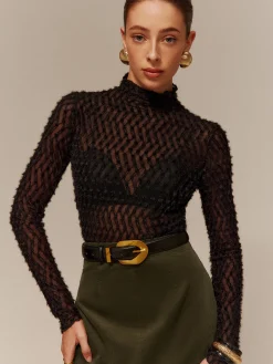 Online Mock Neck Semi-Sheer T-Shirt T-shirts|Matching Sets