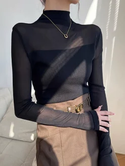 Hot Mock Neck Sheer Mesh Panel Blouse Blouses & Shirts|Tops