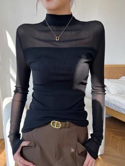 Hot Mock Neck Sheer Mesh Panel Blouse Blouses & Shirts|Tops