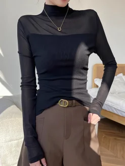 Hot Mock Neck Sheer Mesh Panel Blouse Blouses & Shirts|Tops
