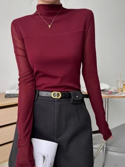 Hot Mock Neck Sheer Mesh Panel Blouse Blouses & Shirts|Tops