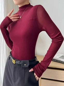 Hot Mock Neck Sheer Mesh Panel Blouse Blouses & Shirts|Tops