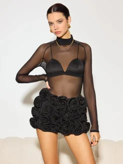 Clearance Mock Neck Sheer Mesh T-Shirt Matching Sets|Tops
