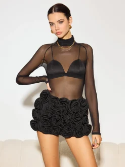 Clearance Mock Neck Sheer Mesh T-Shirt Matching Sets|Tops