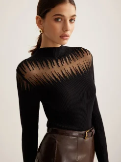 Best Mock Neck Sheer Panel Knit Top Sweater Tops|Sweaters & Cardigans