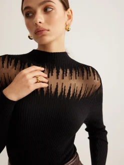 Best Mock Neck Sheer Panel Knit Top Sweater Tops|Sweaters & Cardigans