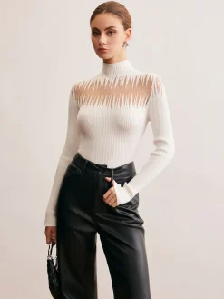 Best Mock Neck Sheer Panel Knit Top Sweater Tops|Sweaters & Cardigans