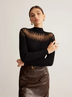 Best Mock Neck Sheer Panel Knit Top Sweater Tops|Sweaters & Cardigans