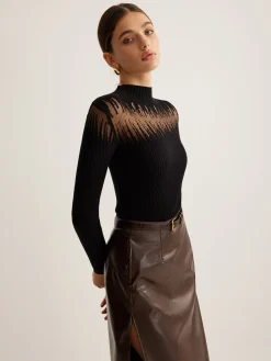 Best Mock Neck Sheer Panel Knit Top Sweater Tops|Sweaters & Cardigans