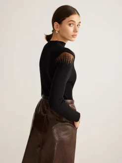 Best Mock Neck Sheer Panel Knit Top Sweater Tops|Sweaters & Cardigans