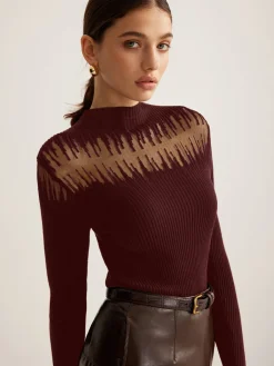 Best Mock Neck Sheer Panel Knit Top Sweater Tops|Sweaters & Cardigans