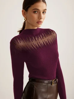 Best Mock Neck Sheer Panel Knit Top Sweater Tops|Sweaters & Cardigans