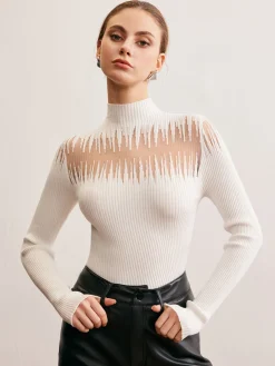 Best Mock Neck Sheer Panel Knit Top Sweater Tops|Sweaters & Cardigans