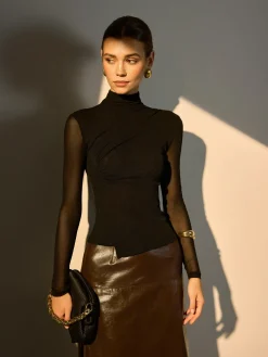 New Mock Neck Sheer Sleeve Skinny Top Blouses & Shirts|Tops
