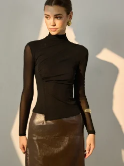New Mock Neck Sheer Sleeve Skinny Top Blouses & Shirts|Tops