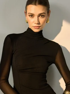 New Mock Neck Sheer Sleeve Skinny Top Blouses & Shirts|Tops