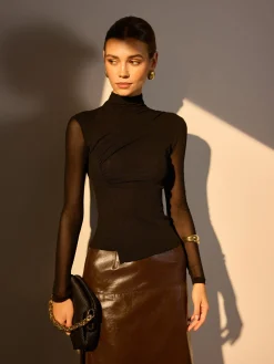 Best Mock Neck Sheer Sleeve Skinny Top Blouses & Shirts|Tops