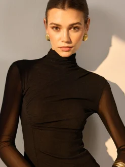 Best Mock Neck Sheer Sleeve Skinny Top Blouses & Shirts|Tops