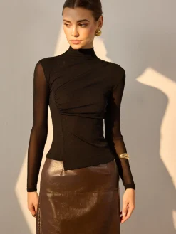 Best Mock Neck Sheer Sleeve Skinny Top Blouses & Shirts|Tops