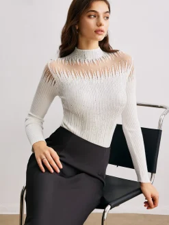 Discount Mock Neck Sheer-Detail Knit Top Sweater Tops|Sweaters & Cardigans