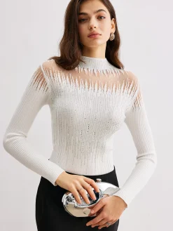 Discount Mock Neck Sheer-Detail Knit Top Sweater Tops|Sweaters & Cardigans