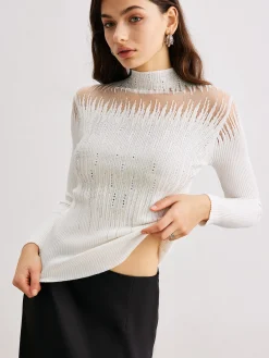 Discount Mock Neck Sheer-Detail Knit Top Sweater Tops|Sweaters & Cardigans