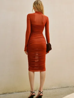 Best Mock Neck Sheer-Detail Pleated Jersey Dress Dresses