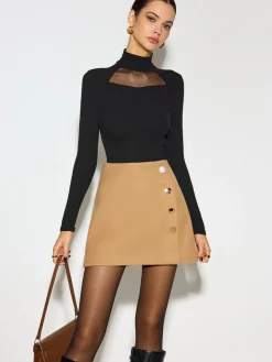 Outlet Mock Neck Sheer-Detail Skinny Top Tops