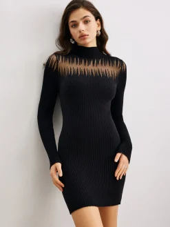 New Mock Neck Sheer-Detail Slim Sweater Dress Black Dresses|Sweater Dresses