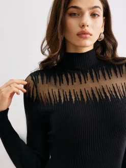 New Mock Neck Sheer-Detail Slim Sweater Dress Black Dresses|Sweater Dresses