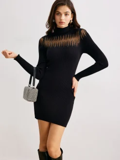 New Mock Neck Sheer-Detail Slim Sweater Dress Black Dresses|Sweater Dresses
