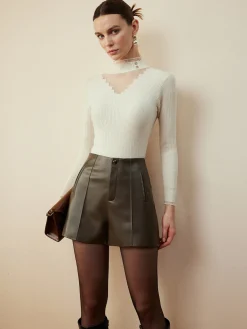 Hot Mock Neck Sheer-Detail Slim Blouse Blouses & Shirts|Tops