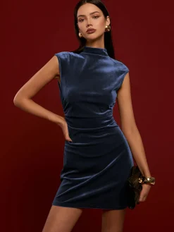 Hot Mock Neck Sleeveless Satin Dress Black Dresses|Casual Dresses