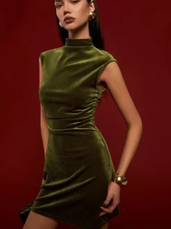 Hot Mock Neck Sleeveless Satin Dress Black Dresses|Casual Dresses