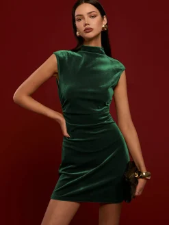 Hot Mock Neck Sleeveless Satin Dress Black Dresses|Casual Dresses