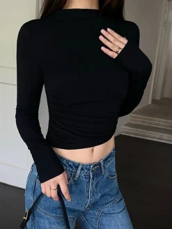 New Mock Neck Slinky Long Sleeve Ribbed Knit Crop Shirt Crop Tops|T-shirts